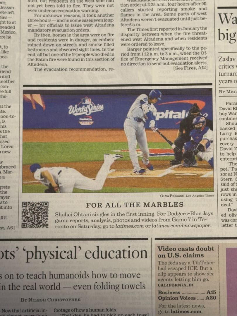 ドジャース vs ブルージェイズ 『ワールドシリーズ第6戦】LAタイムズ