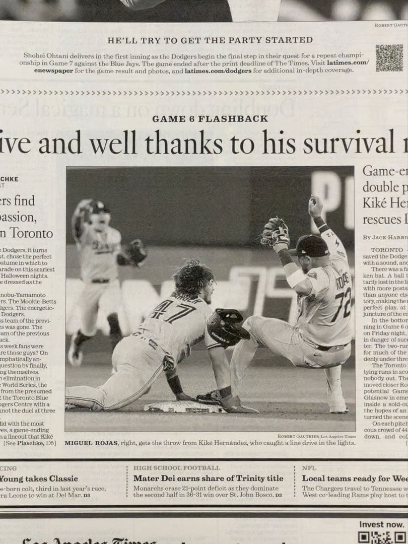 ドジャース vs ブルージェイズ 『ワールドシリーズ第6戦】LAタイムズ