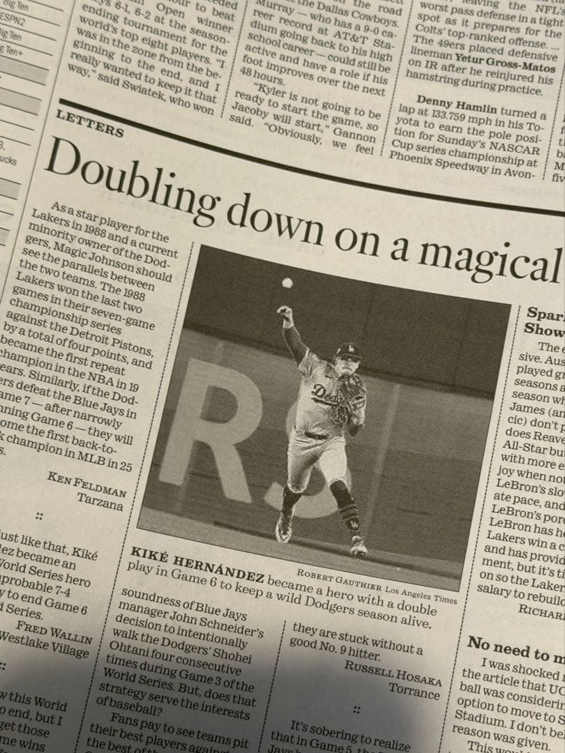 ドジャース vs ブルージェイズ 『ワールドシリーズ第6戦】LAタイムズ