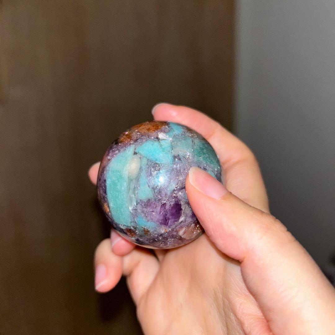 ①アマゾナイト サンストーン レピドライト 共生 スフィア レア 45.9