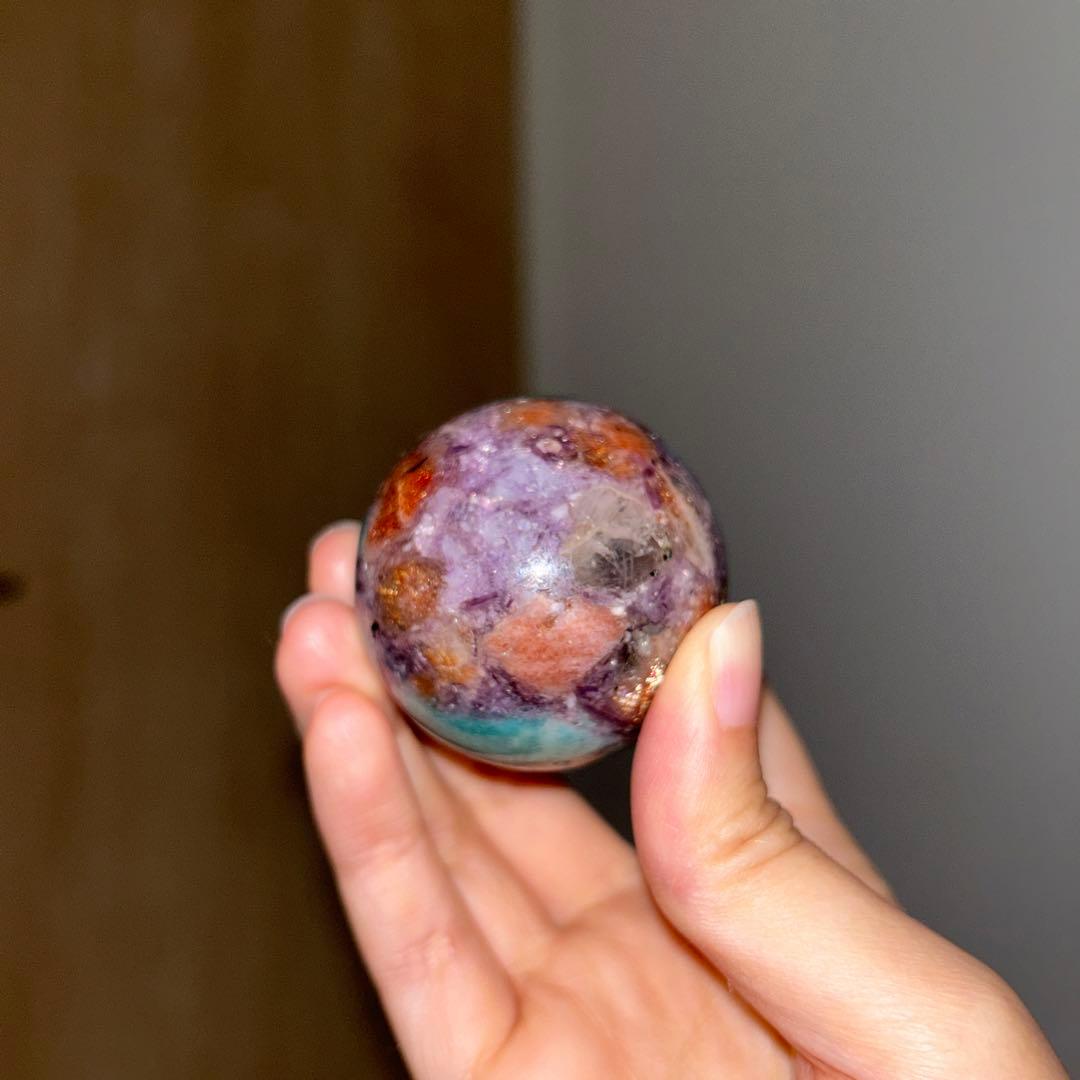 ①アマゾナイト サンストーン レピドライト 共生 スフィア レア 45.9