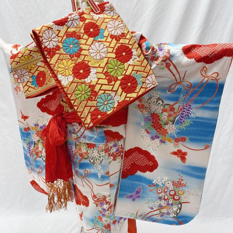 511ag45◎七五三 七歳 女児 着物&袋帯&長襦袢 部分絞り 花車 白水色◎