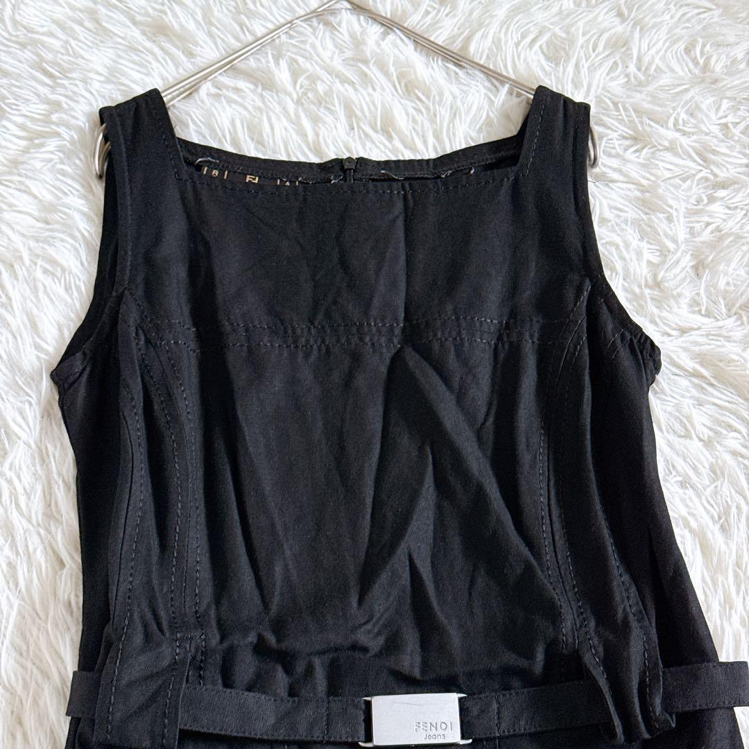 FENDI メタルバックル付きベルト リネン混ひざ丈ワンピース Sサイズ 黒