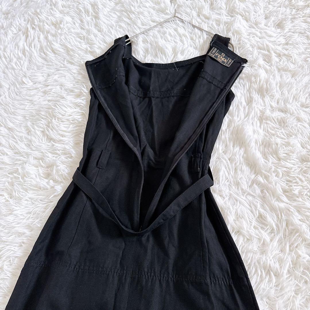 FENDI メタルバックル付きベルト リネン混ひざ丈ワンピース Sサイズ 黒