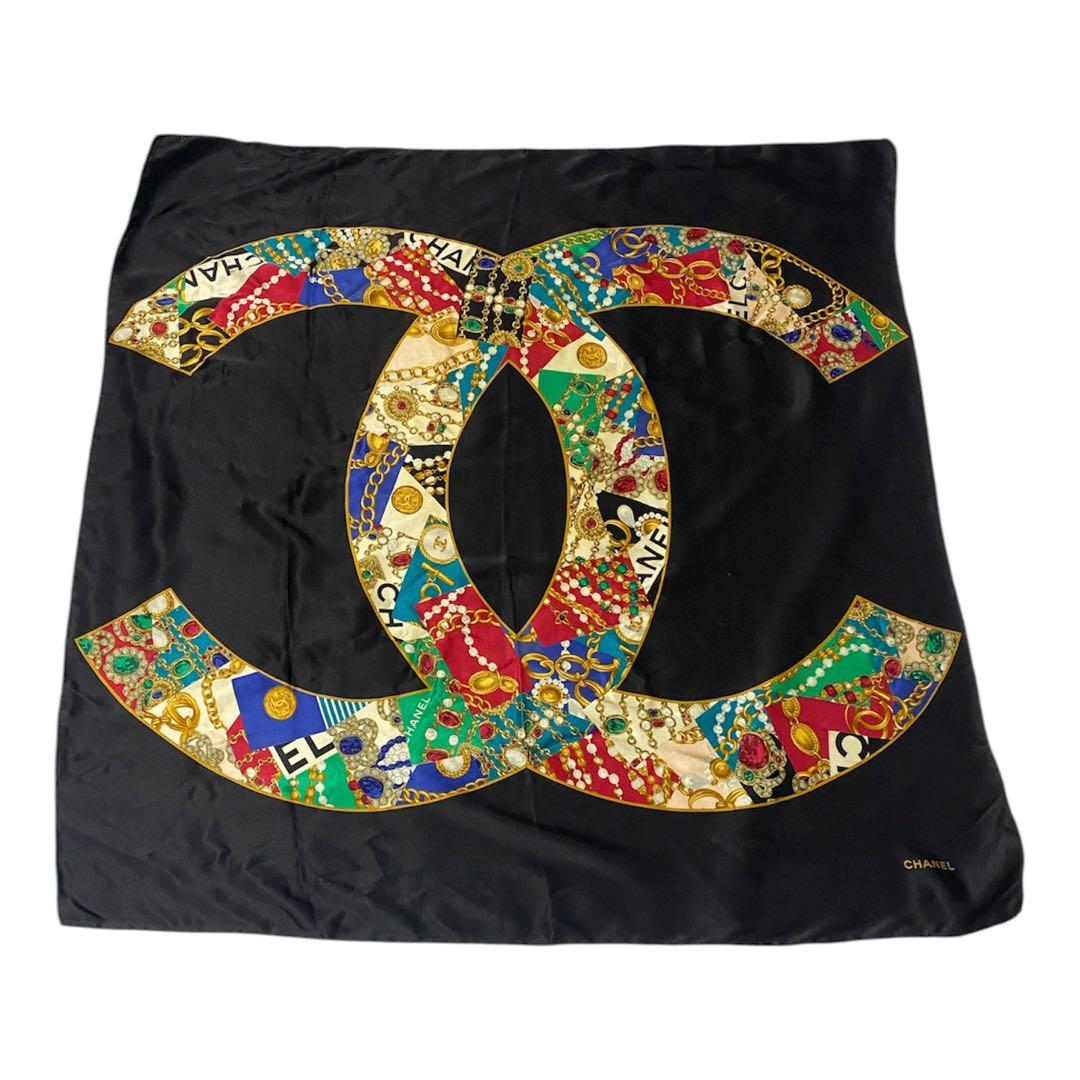 美品 CHANEL シャネル 大判 スカーフ ココマーク ジュエリー チェーン
