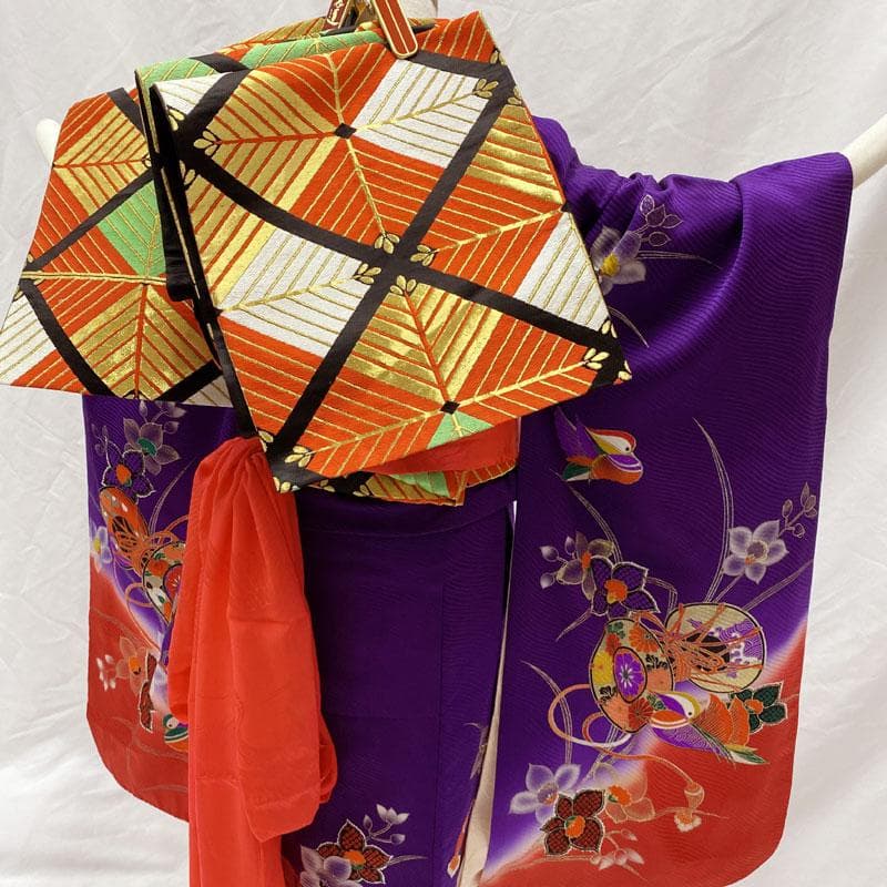 411ag80◎七五三 七歳 女児 着物&袋帯&長襦袢 古典柄 鼓鴛鴦花 紫◎