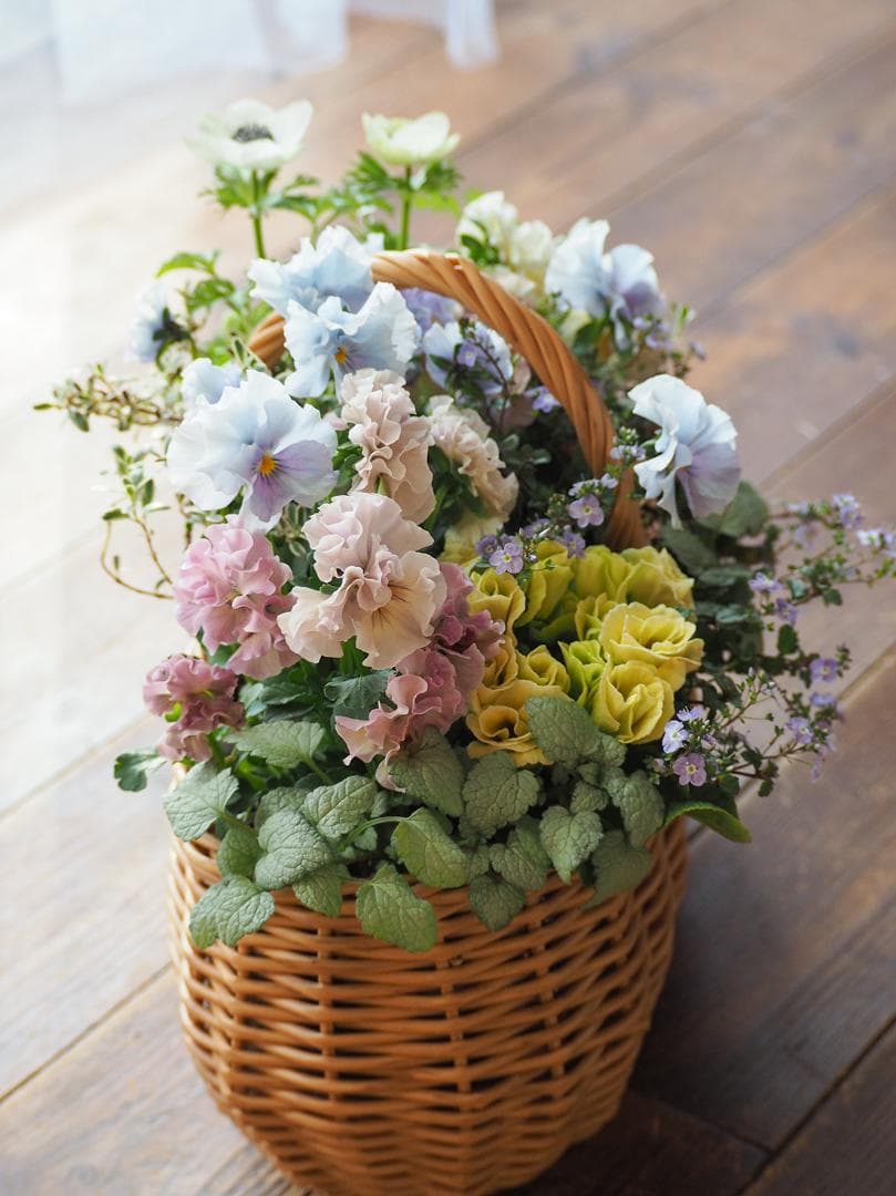 オーバルバスケットのパステルカラー寄せ植え