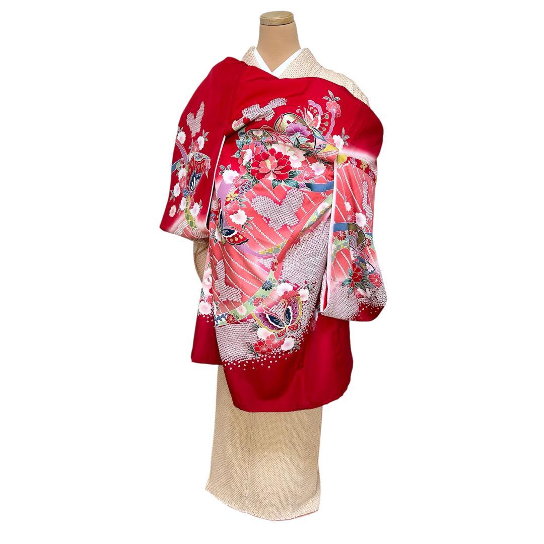 お宮参り 産着 祝着 赤 鼓 舞蝶 絞り柄 四季草花 女の子 襦袢付き