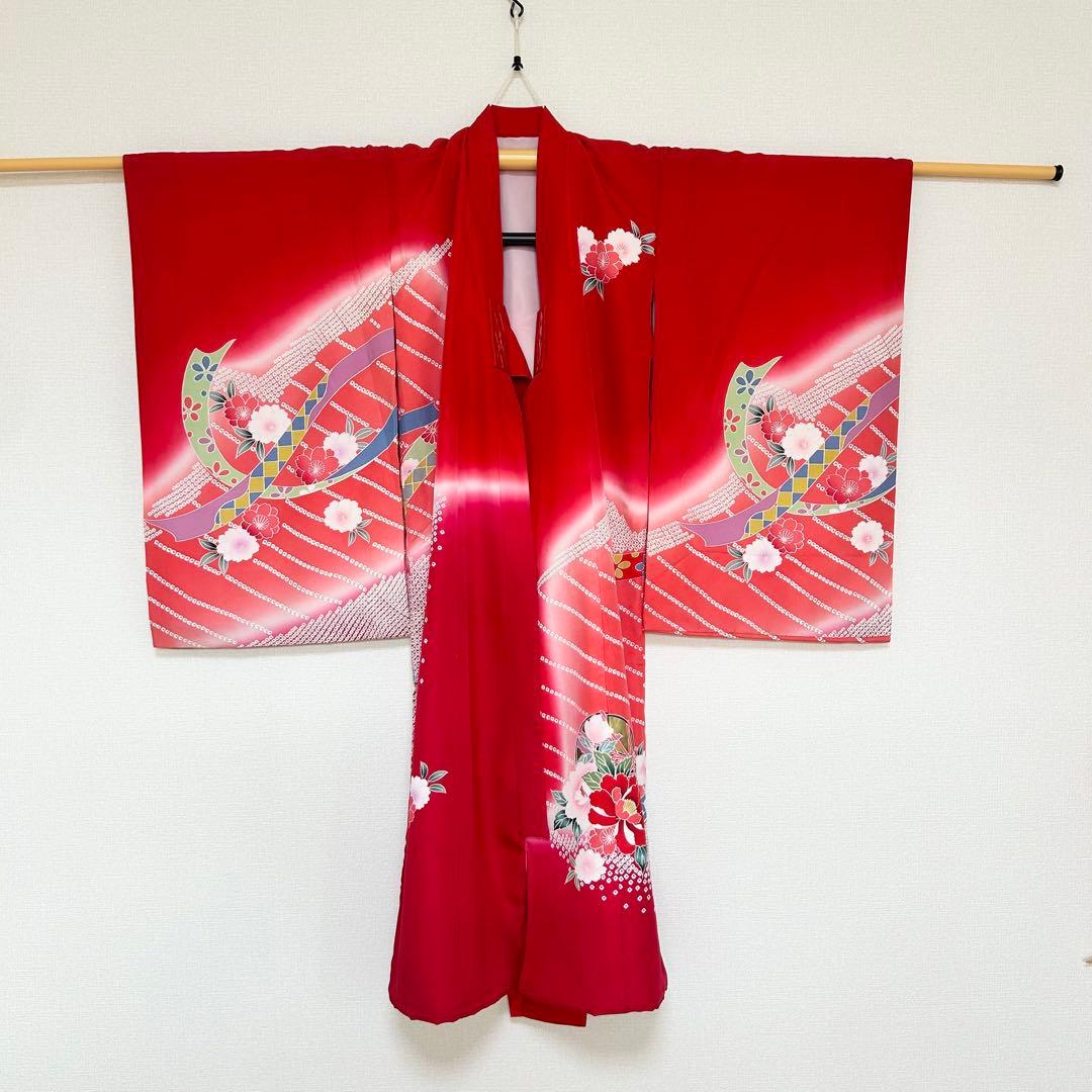 お宮参り 産着 祝着 赤 鼓 舞蝶 絞り柄 四季草花 女の子 襦袢付き