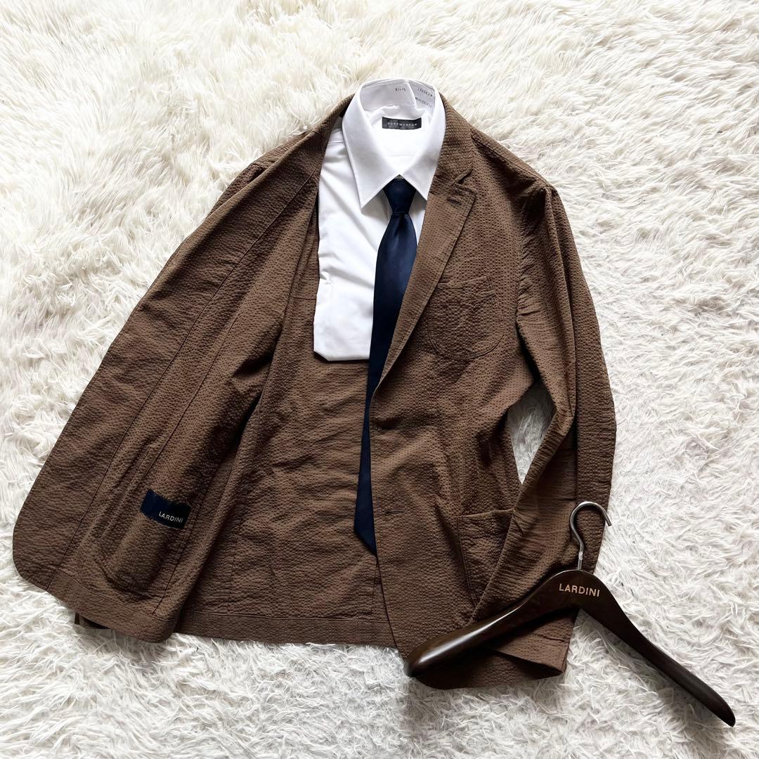 <美品>LARDINI 新ロゴ ブラウン シアサッカー ジャケット サイズ46