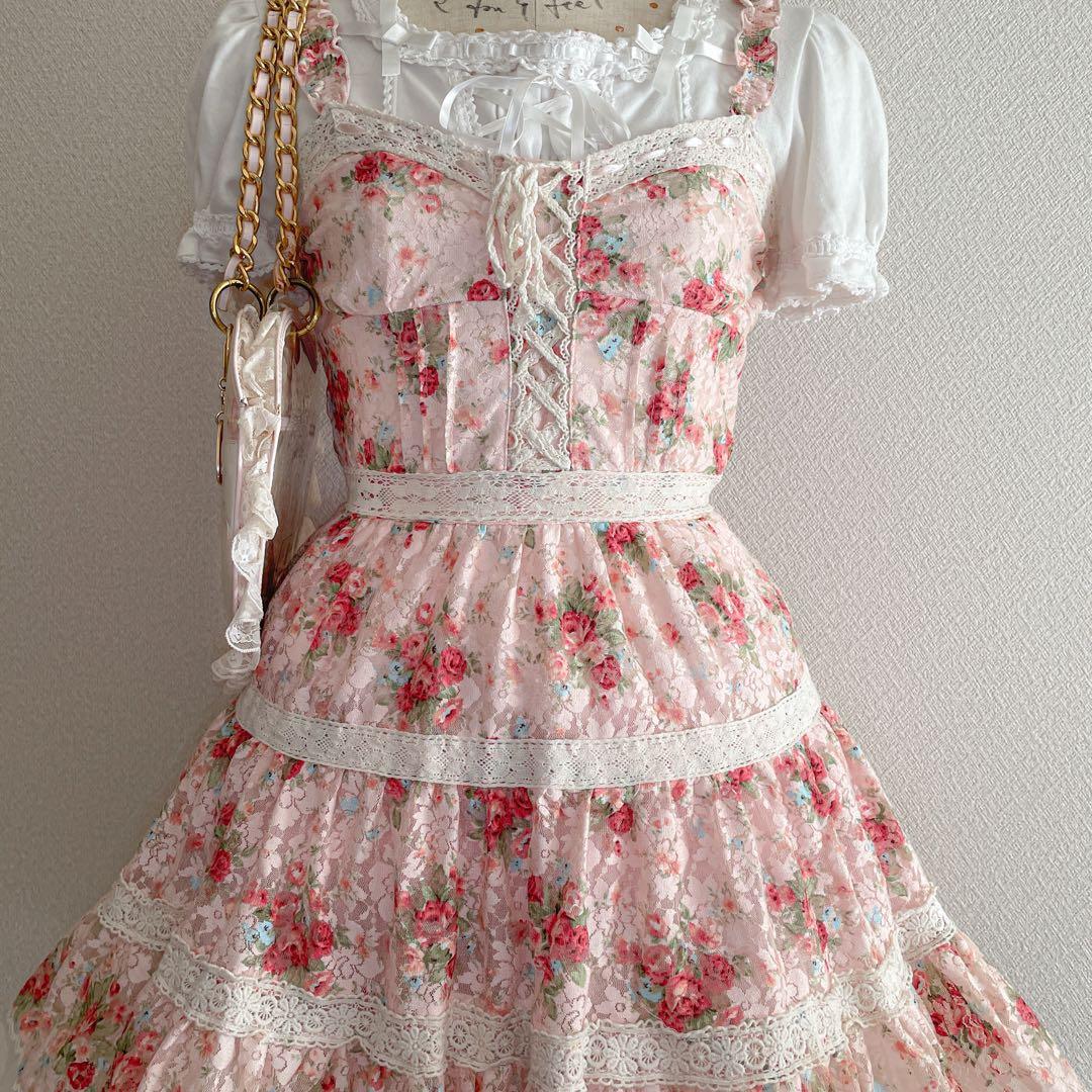 00s 希少 LIZLISA ビスチェ型ピンク総レースローズキャミワンピ 姫ロリ