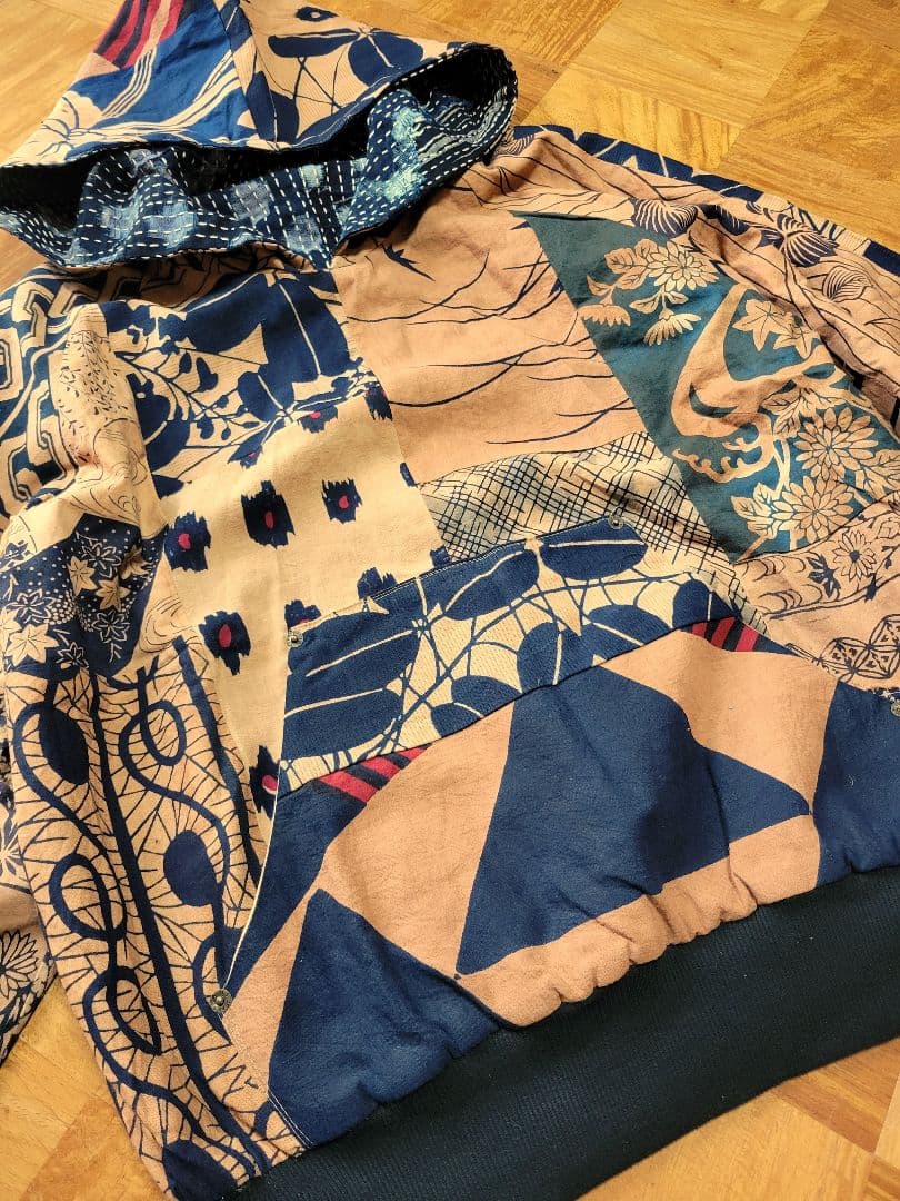 め0129古布リメイク木綿絣襤褸柿渋染め刺し子リバーシブルパ－カー