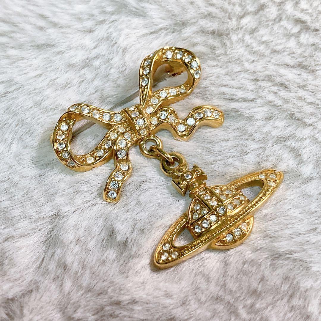 【美品】レア ヴィヴィアンウエストウッド オーブ リボン ブローチ ゴールド