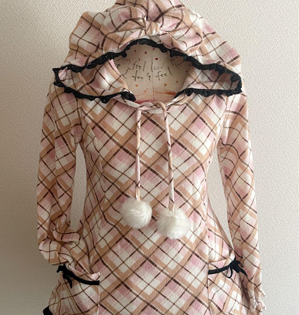 00s 希少 TRALALA ビッグリボン ポンポン付起毛チェック柄ミニワンピ
