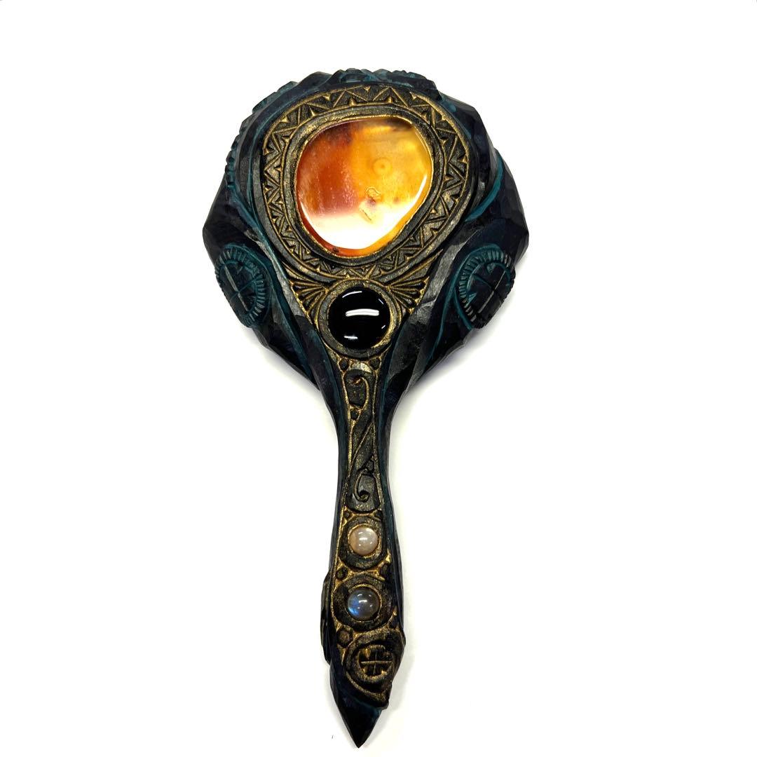 アイヌコタン西田智三さんミラー手鏡天然石赤瑪瑙クリソプレーズオニキス