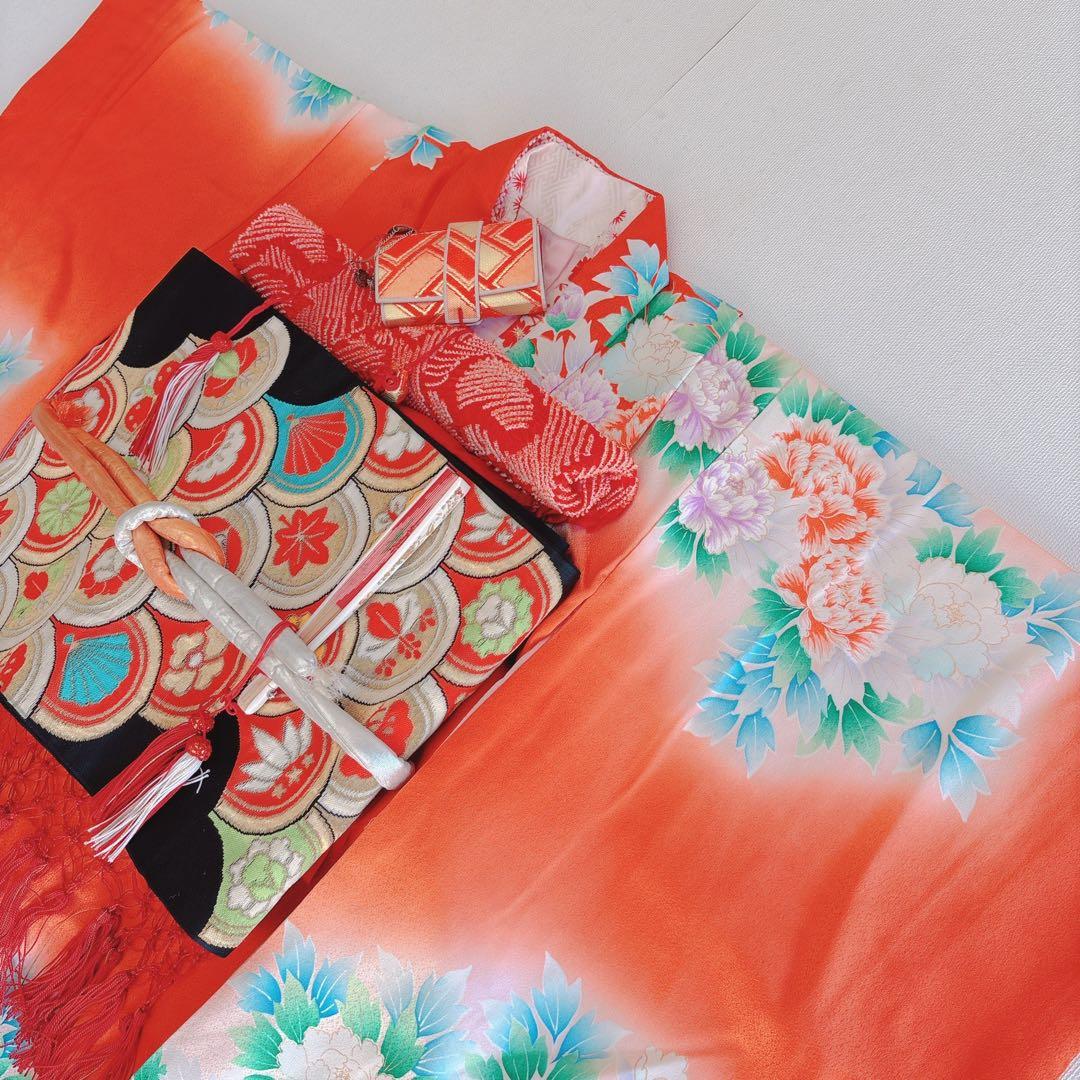 七五三　7歳女の子　フルセット　小物付　比翼仕立　オレンジ地　52517