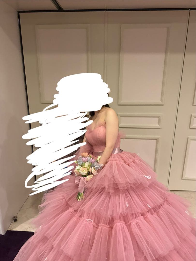 【送料込】ピンク グリッター カラードレス パニエ付 ボリュームチュールドレス