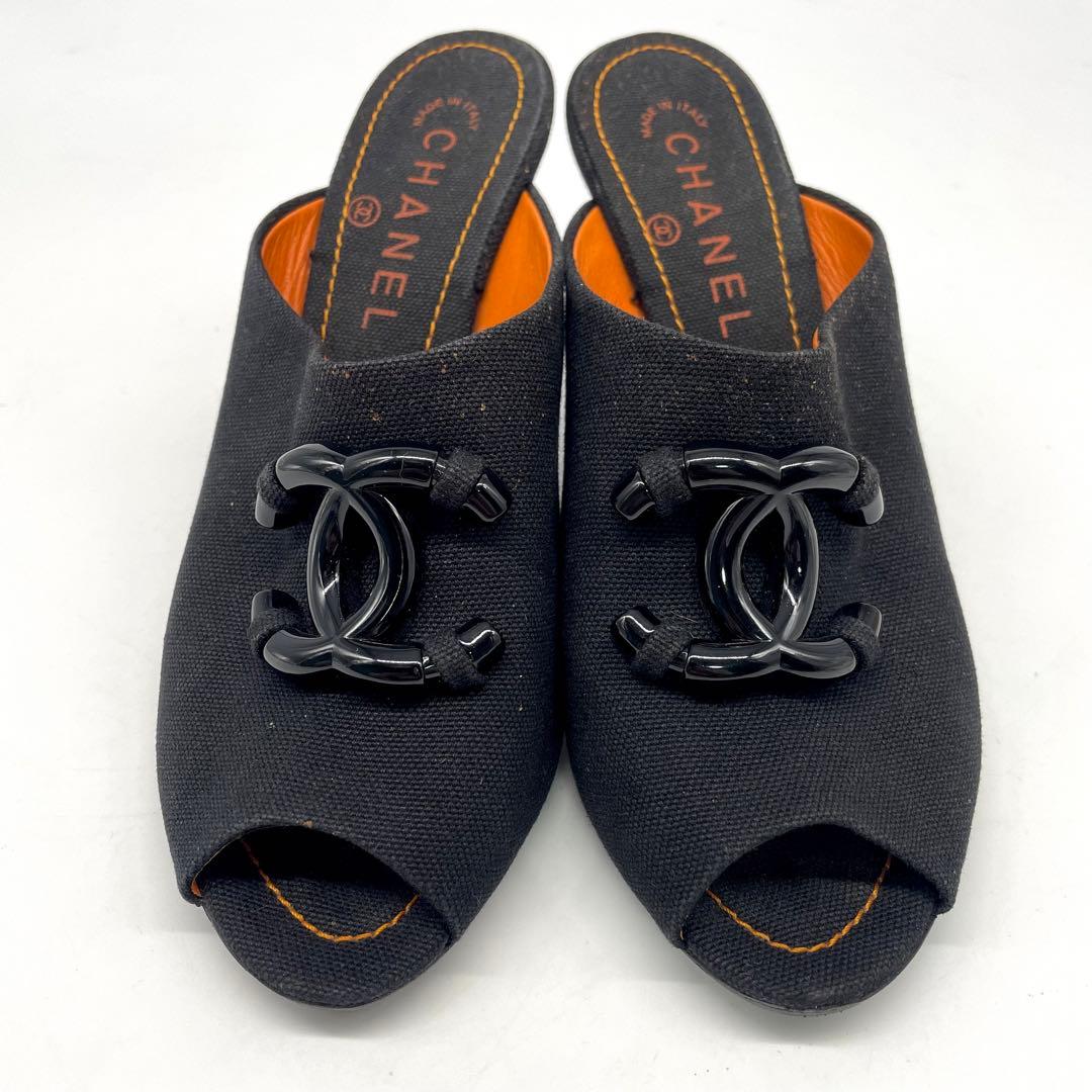 シャネル サンダル ミュール ココマーク キャンバス ブラック オレンジ