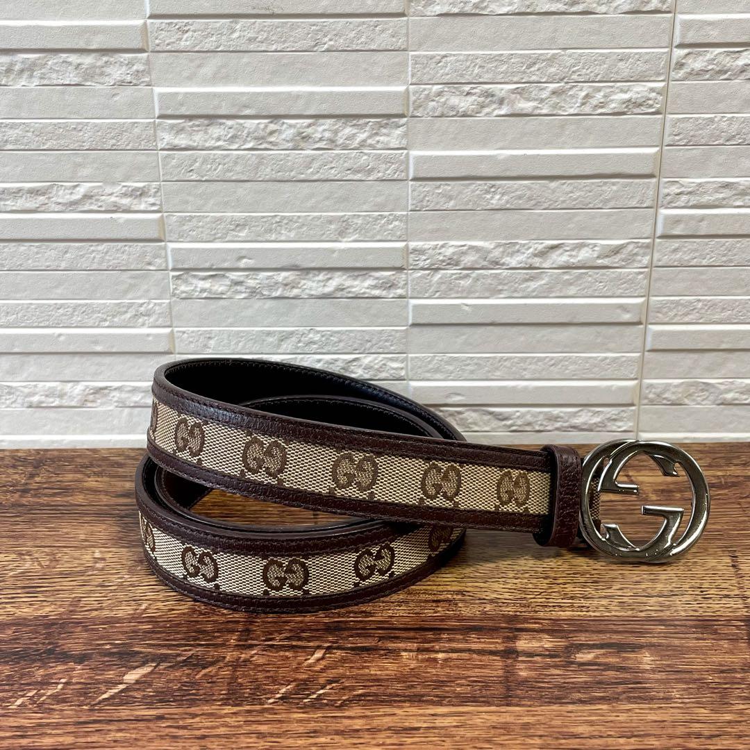 グッチ GGキャンバス レザー ベルト GG バックル シルバー ブラウン
