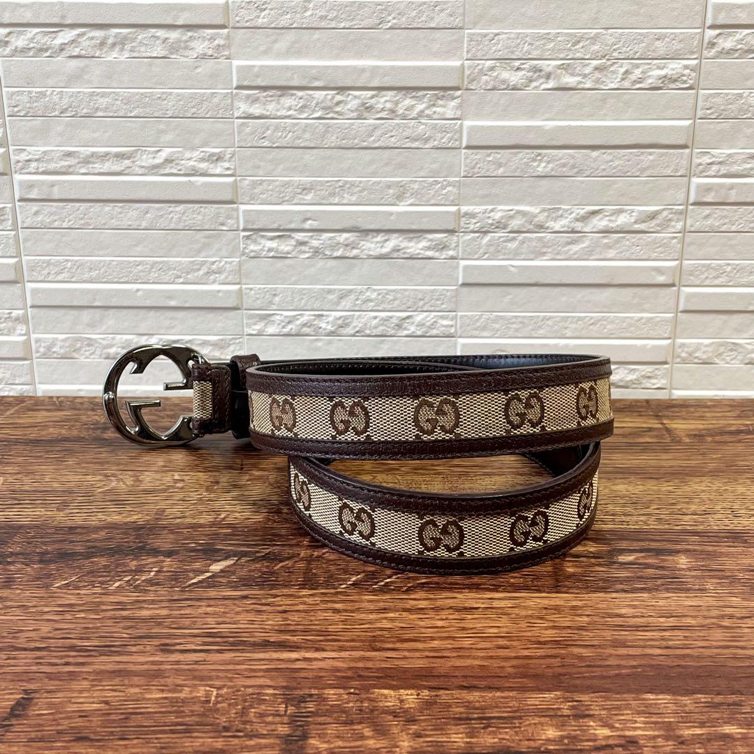 グッチ GGキャンバス レザー ベルト GG バックル シルバー ブラウン