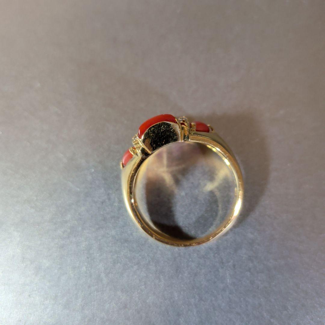 リング　K18　YG　珊瑚　ダイヤモンド計0.04ct　三越　5.53g