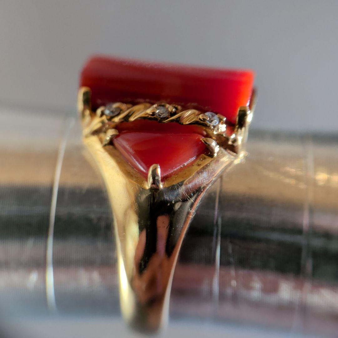 リング　K18　YG　珊瑚　ダイヤモンド計0.04ct　三越　5.53g