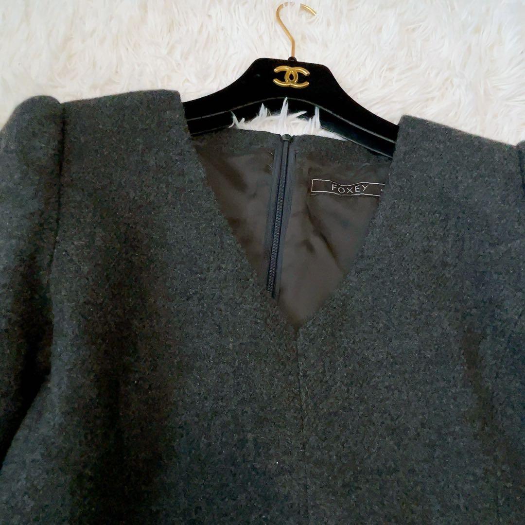 二重ふんわり✨FOXEY フォクシー　ワンピース　ヘリンボン グレー 40