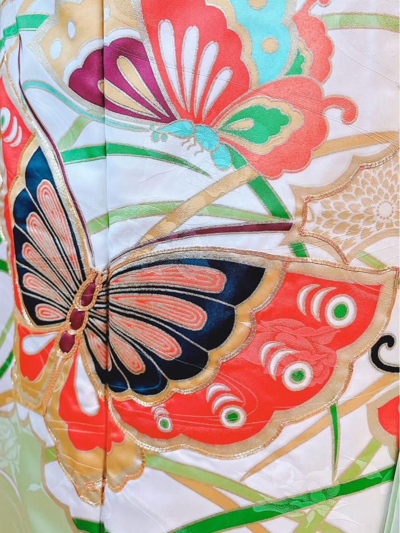 洗える振袖　セット　裄65 M L 帯　緑　ミント　蝶々　菊