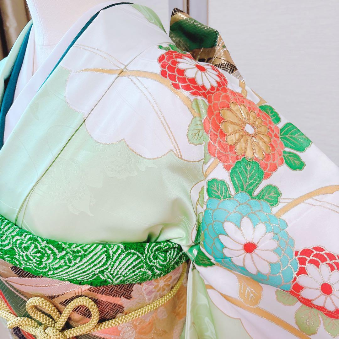 洗える振袖　セット　裄65 M L 帯　緑　ミント　蝶々　菊