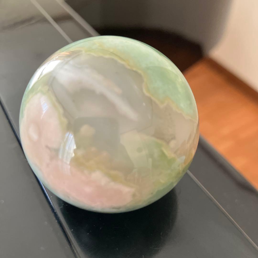 大！緑桜瑪瑙　スフィア　天然石置物　E86