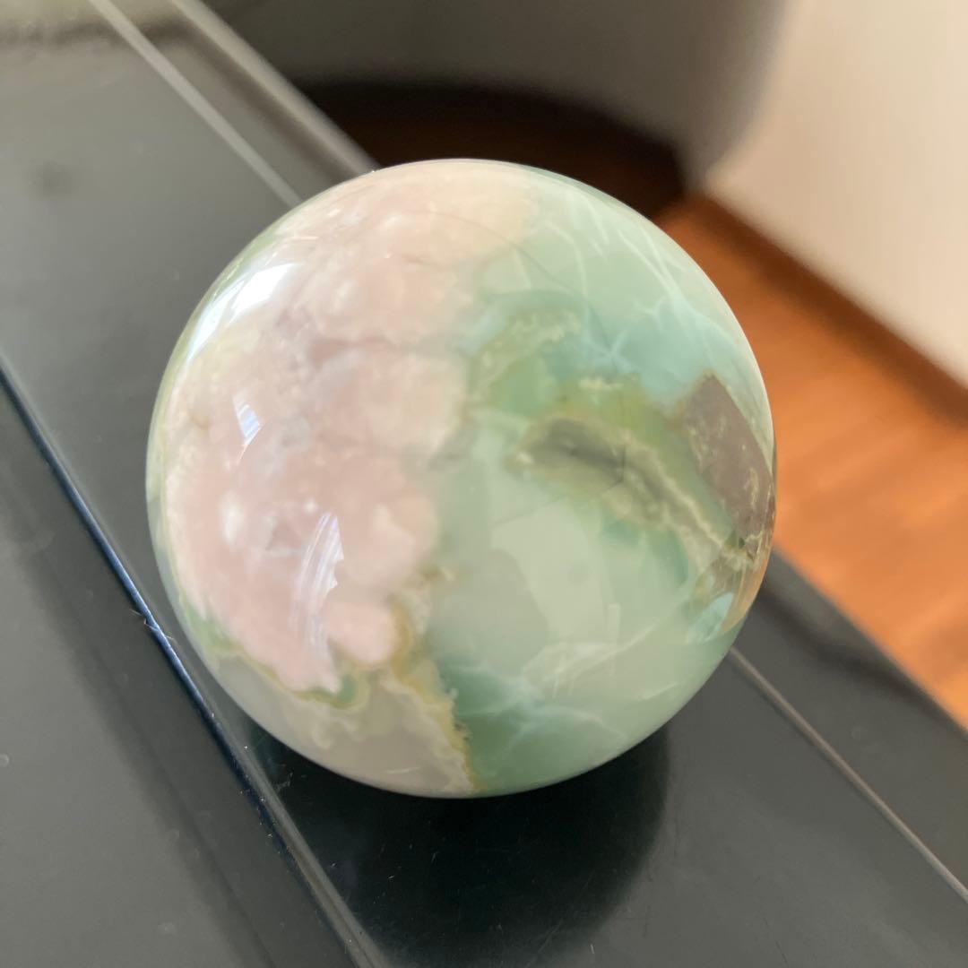 大！緑桜瑪瑙　スフィア　天然石置物　E86