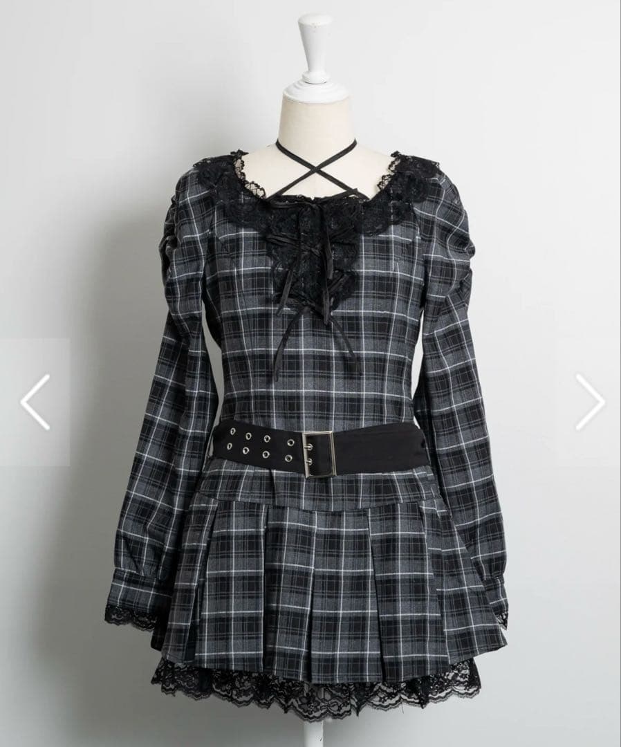 pium レースフリルプリーツミニワンピースブラックチェック