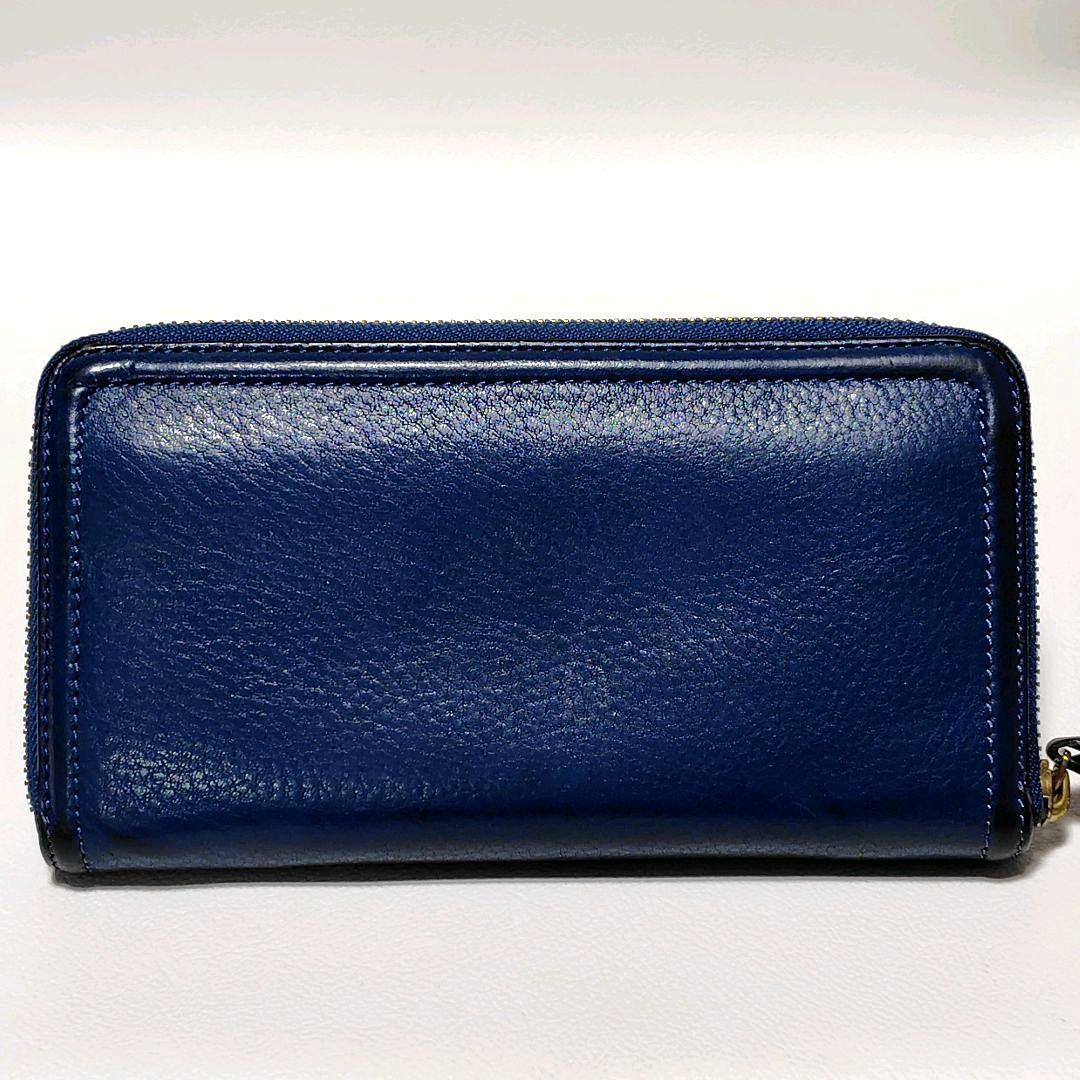 トリーバーチ 長財布 青 シボ革 ラウンドファスナー ロゴ型押し ユニ