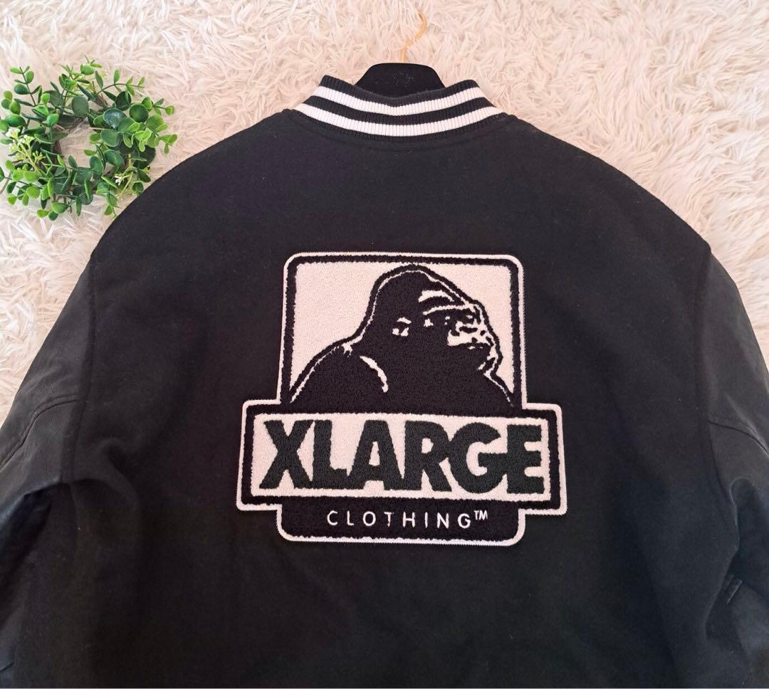 【即完売モデル】エクストララージ　袖切替レザー　パイルロゴ　ウールスタジャン　黒