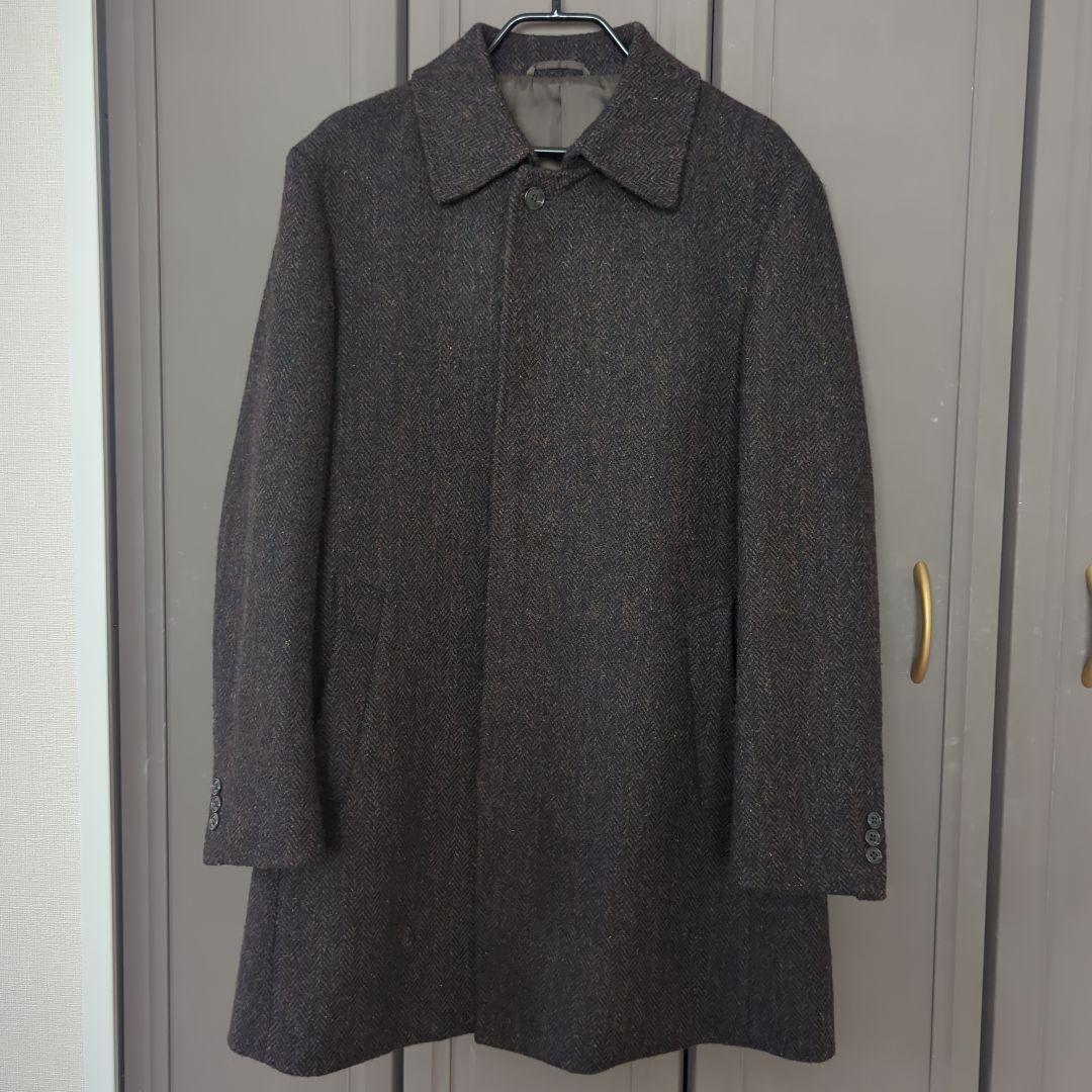 美品TeijinMen'sShopGinzaハリスツイードブラウンウールコートL