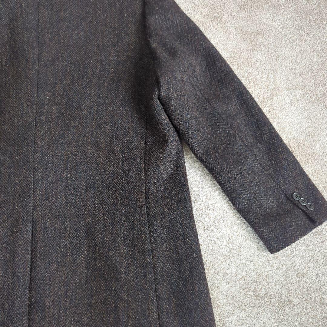 美品TeijinMen'sShopGinzaハリスツイードブラウンウールコートL