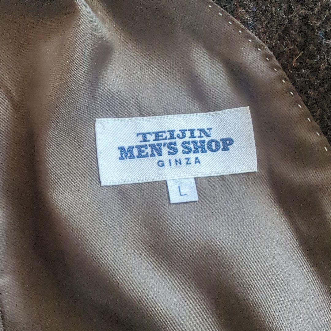 美品TeijinMen'sShopGinzaハリスツイードブラウンウールコートL