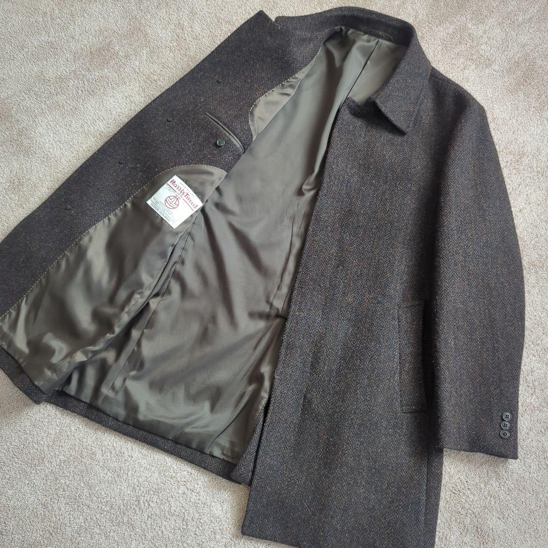 美品TeijinMen'sShopGinzaハリスツイードブラウンウールコートL