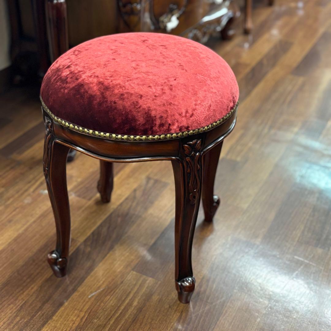 マホガニーアンティーク調 クラシックスタイル 赤ベルベット スツール 腰掛け椅子