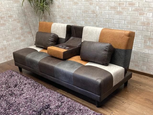 ソファーベッド　小テーブル付き　レザーファブリック　ソファ　新品