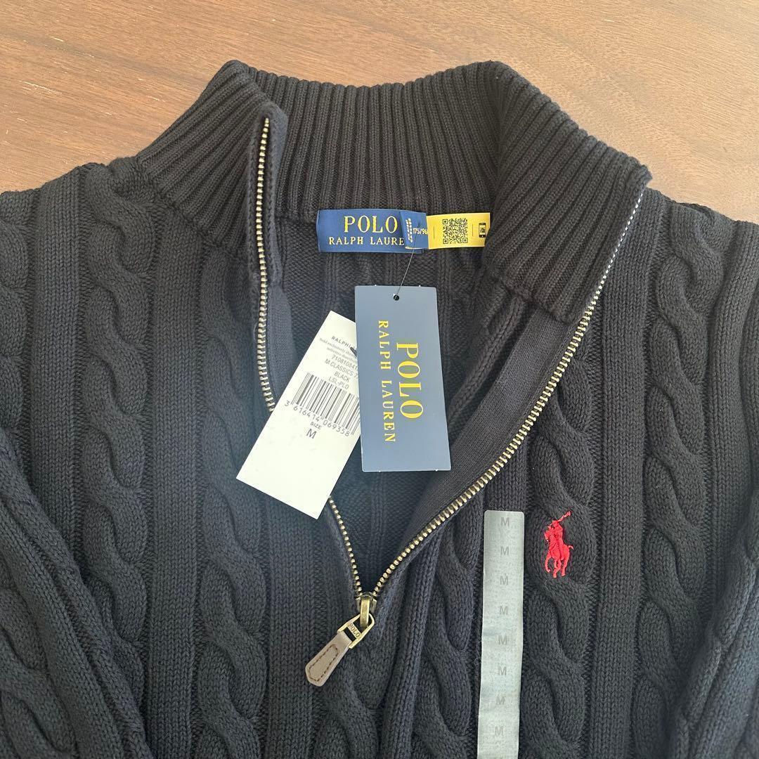 新品タグ付き ラルフローレン ケーブルニット ハーフジップ メンズ 黒 M
