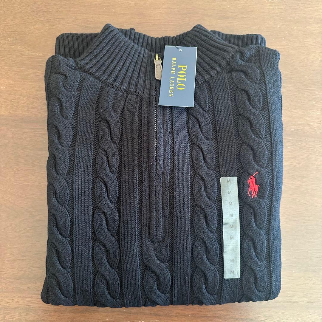 新品タグ付き ラルフローレン ケーブルニット ハーフジップ メンズ 黒 M