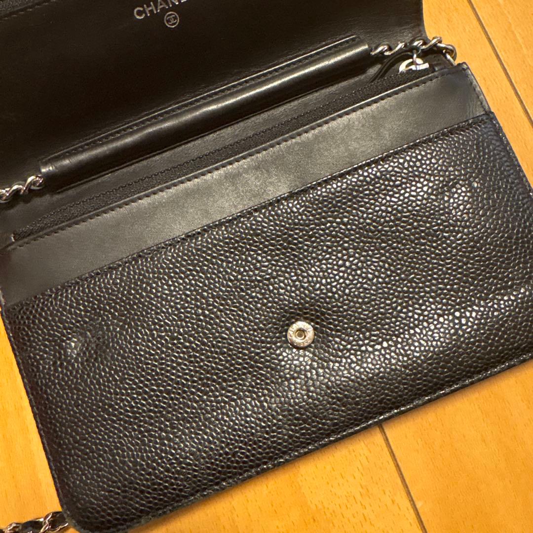 訳あり　シャネル　ウォレットチェーン　ブラック　キャビアスキン