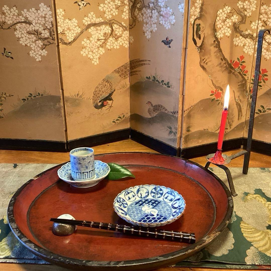 A923 大聖寺伊万里　染付　見込兎　縁紅　丸紋　菊型　小皿　　５枚