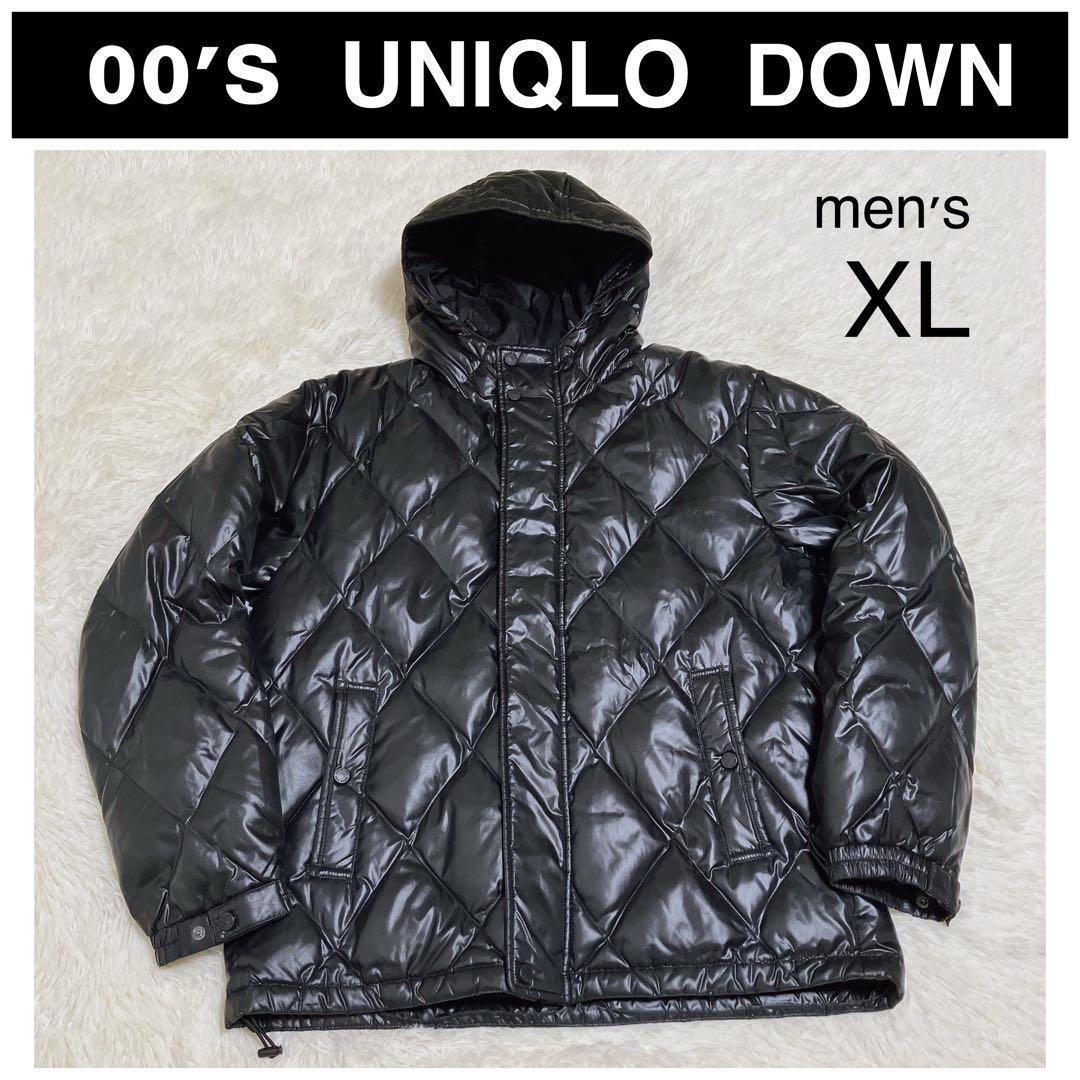 00s ユニクロ フードダウンジャケット メンズ XL 黒 ダイヤキルト Y2K