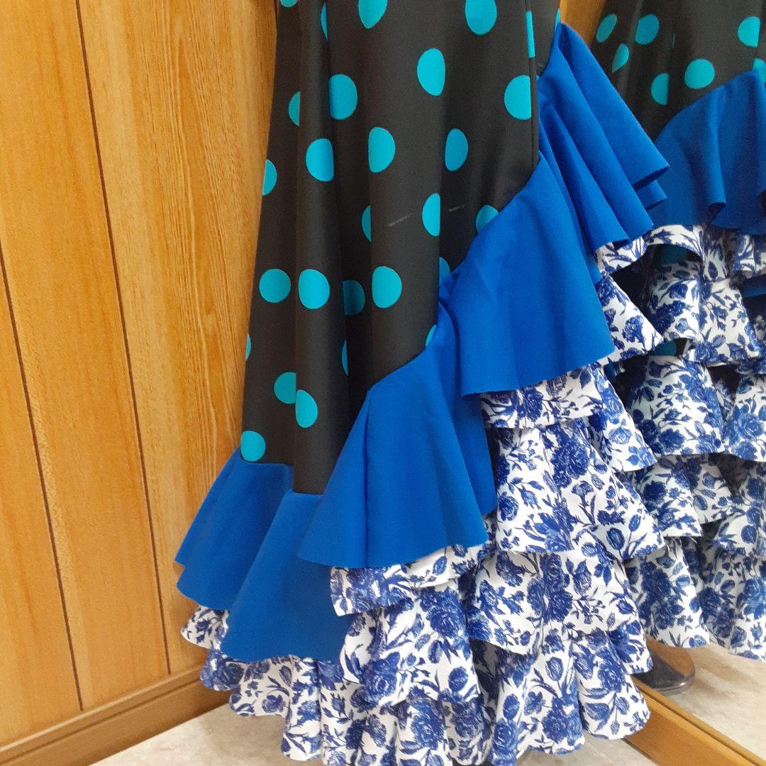 フラメンコ衣装 ☆ファルダのみ ＊青/黒/白地青バラ柄フリルファルダ