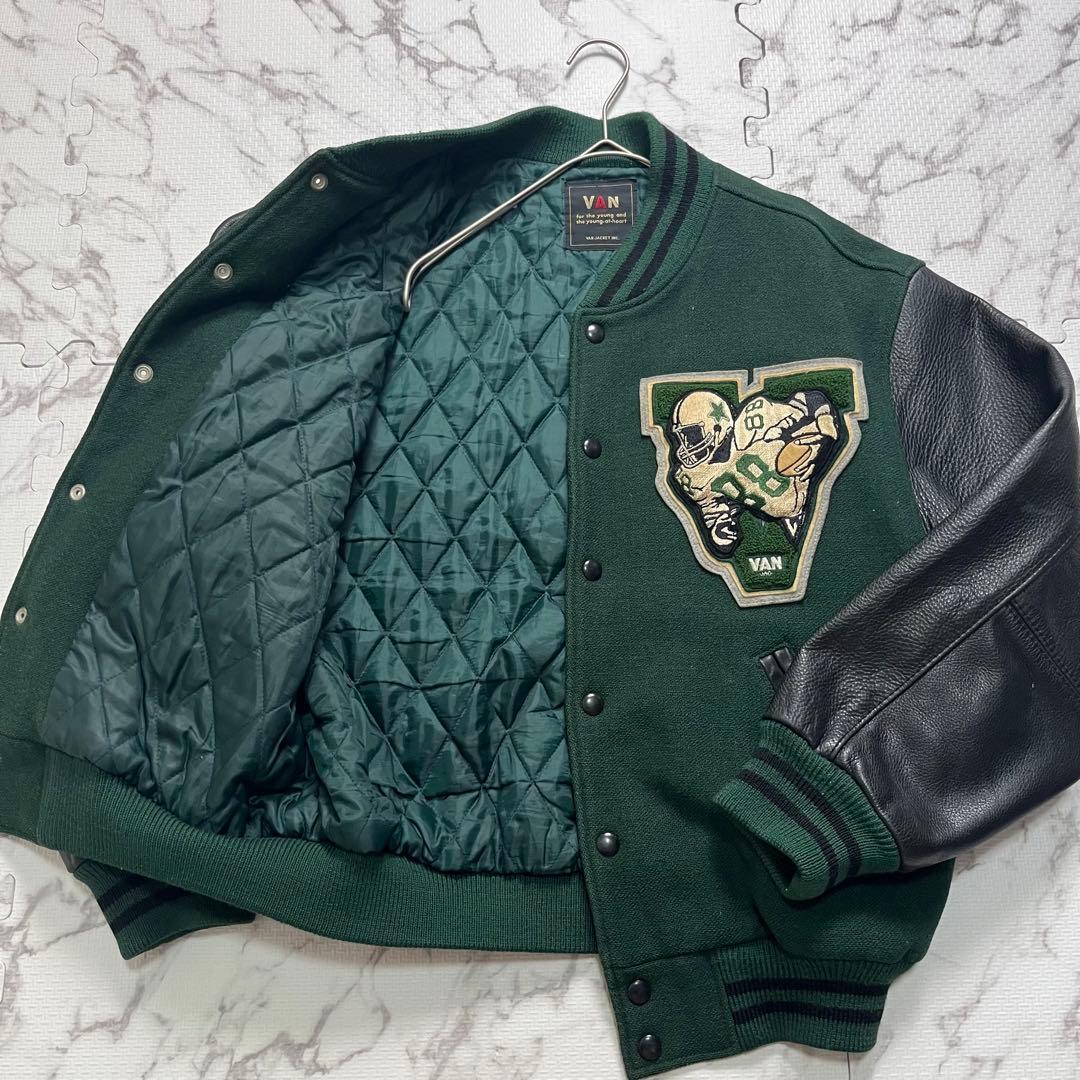 L/希少カラー✨ VAN JACKET スタジャン アーチロゴ 緑 牛革