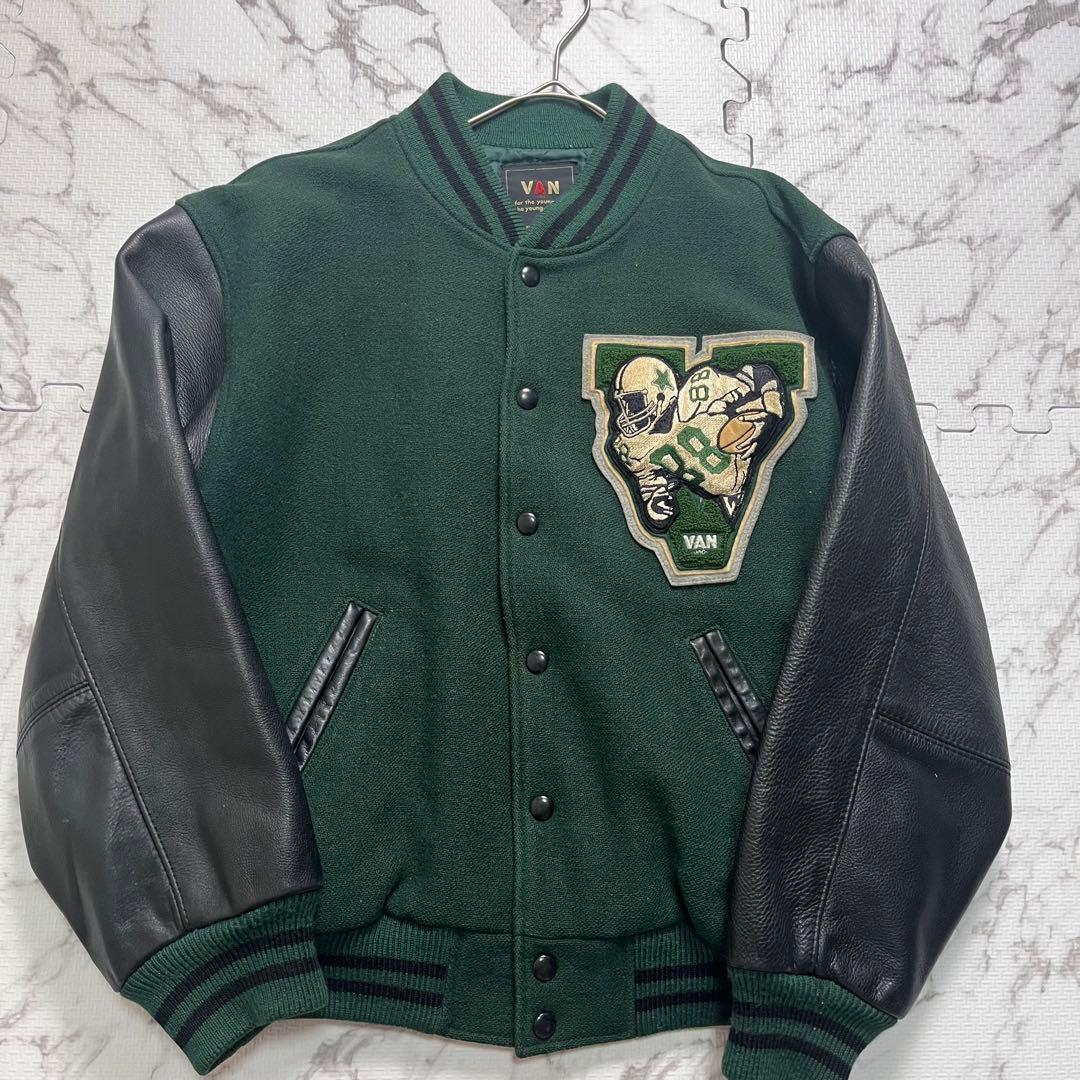 L/希少カラー✨ VAN JACKET スタジャン アーチロゴ 緑 牛革