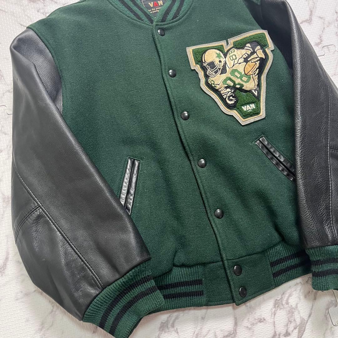 L/希少カラー✨ VAN JACKET スタジャン アーチロゴ 緑 牛革
