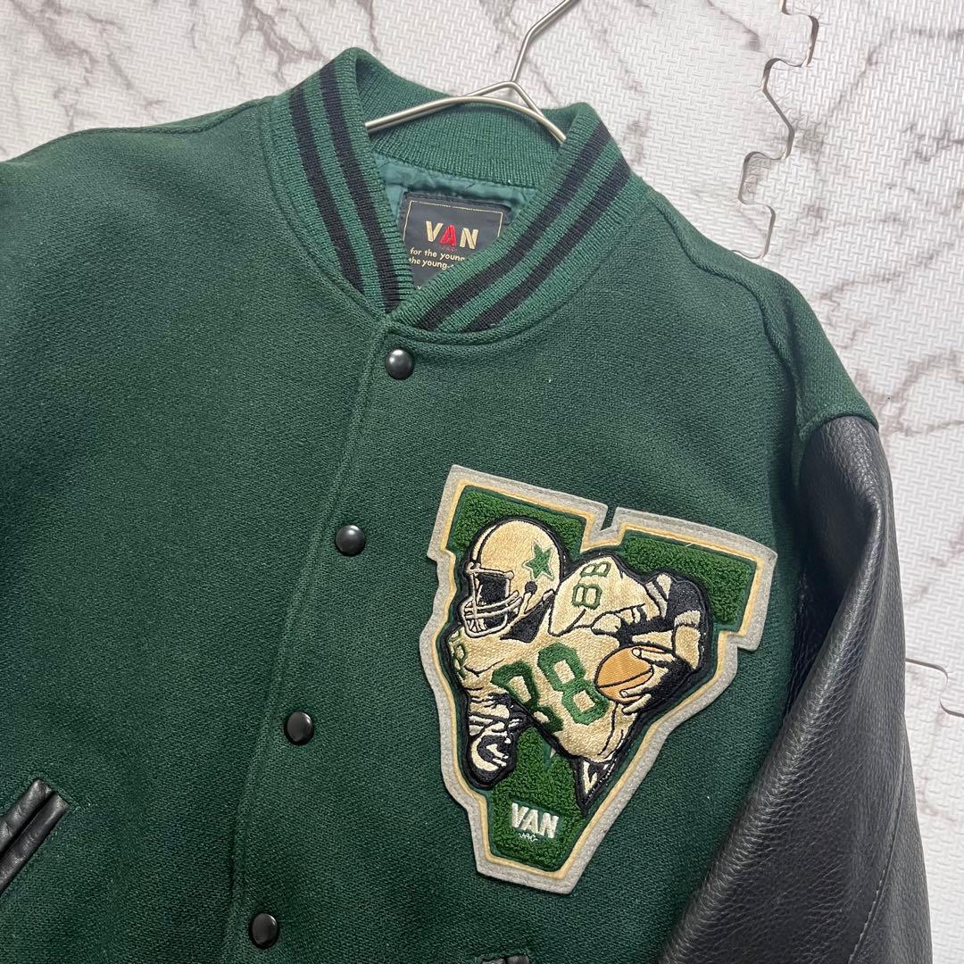 L/希少カラー✨ VAN JACKET スタジャン アーチロゴ 緑 牛革